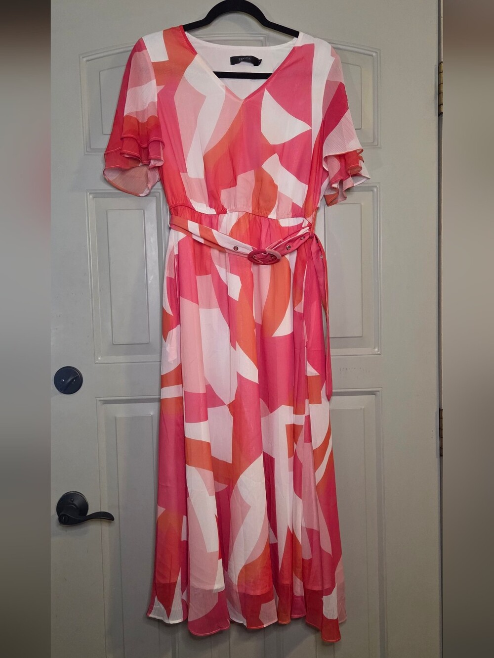 Zesica - Abstract Print Pink, White & Coral Dress with Belt